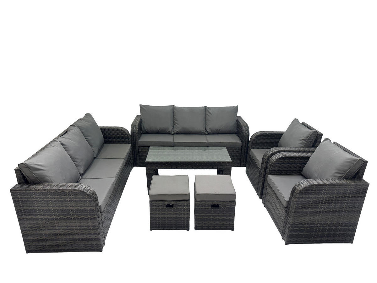 GARTENMÖBEL SET mit Sofa Polyrattan 10-Sitzer Dunkelgrau - Dunkelgrau/Grau, Glas/Kunststoff - Fimous