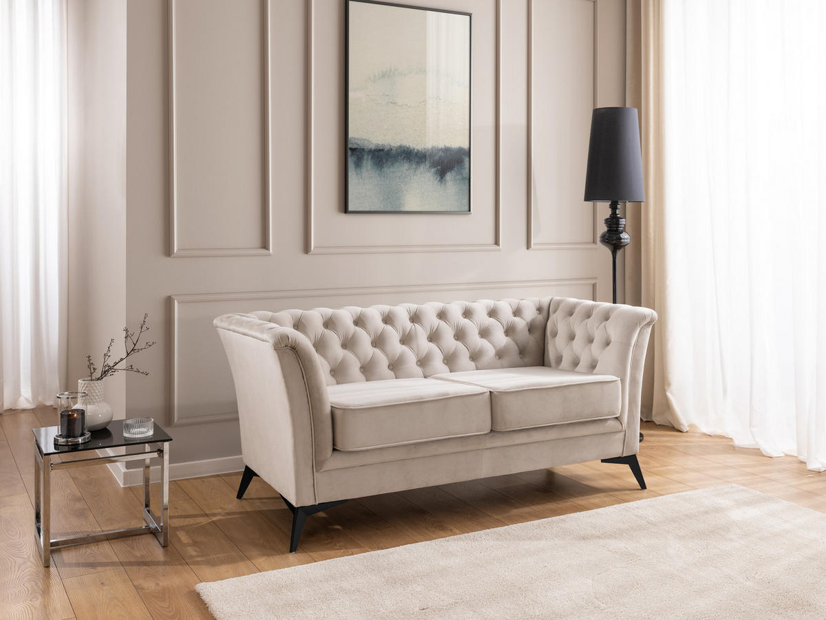CHESTERFIELD-SOFA 2-sitzer Whitby Beige Samt mit schwarzen Füßen - Beige/Schwarz, Holz/Textil (175/78/82cm) - S-Style Möbel