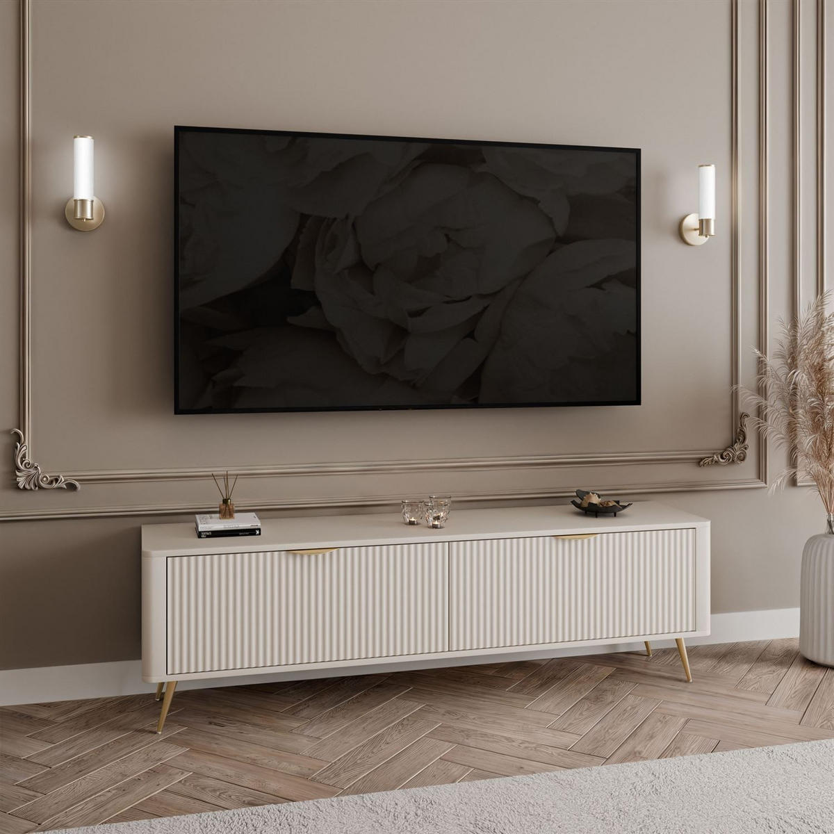 TV-UNIT SCARLETT 2D 163 CM BEIGE + GOLD - Beige/Goldfarben, Holzwerkstoff (163/51/38cm) - Lookway