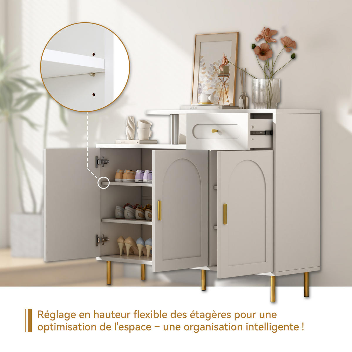 SIDEBOARD mit 3 Türen und 1 Schublade goldenen Akzenten - Weiß, Holzwerkstoff (120/92/35cm) - Urban Meuble
