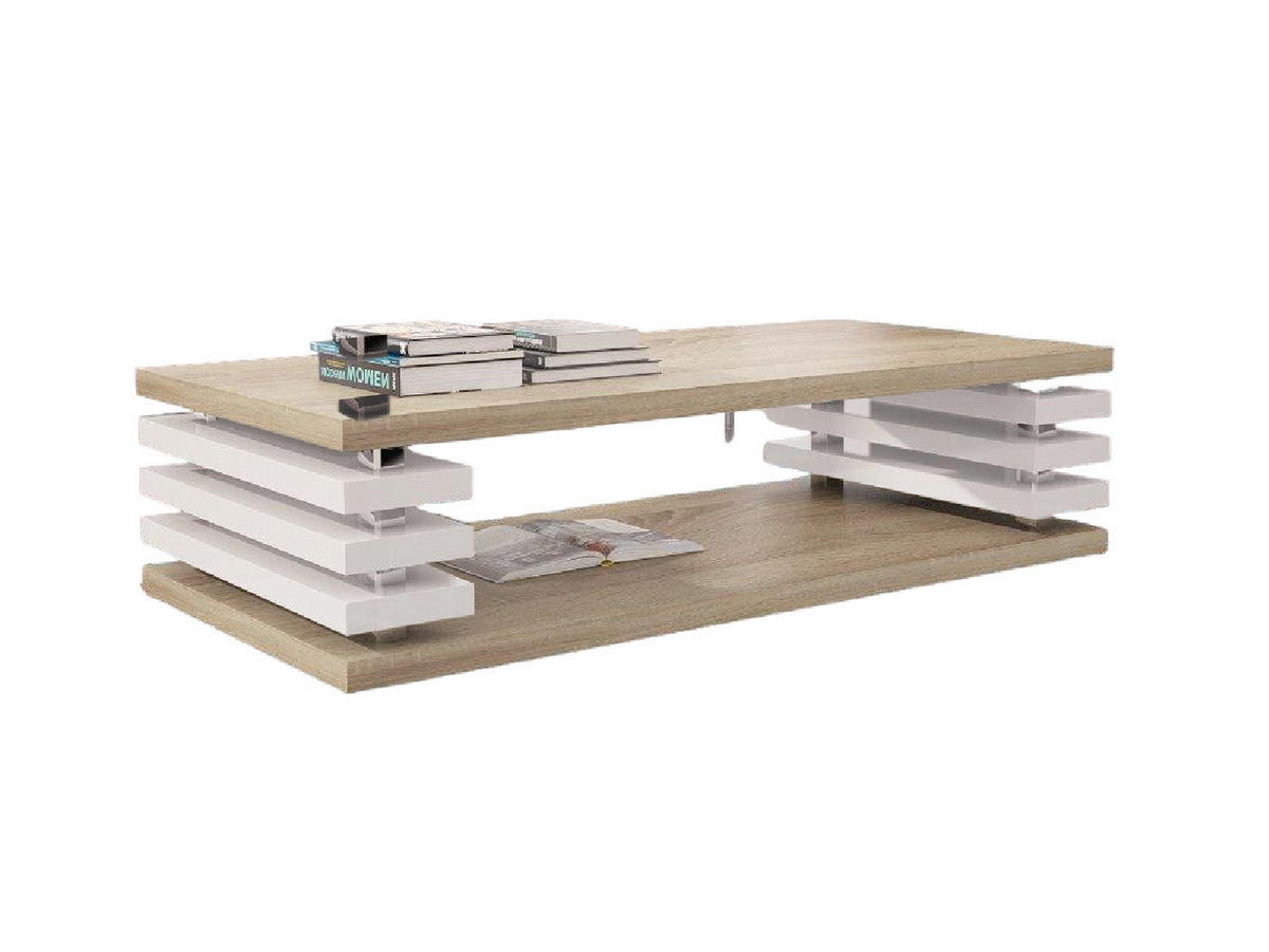COUCHTISCH rechteckig Sonoma Weiß Hochglanz Ablage 120/40/60 cm - Weiß Hochglanz/Sonoma Eiche, Holzwerkstoff (60/120/40cm) - designimpex
