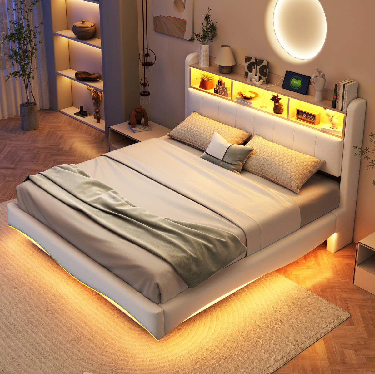POLSTERBETT 160x200 cm Beige mit LED-Beleuchtung, USB- und USB-C-Anschlüssen sowie Stauraum - Beige, Textil (160/200cm) - IVMEU