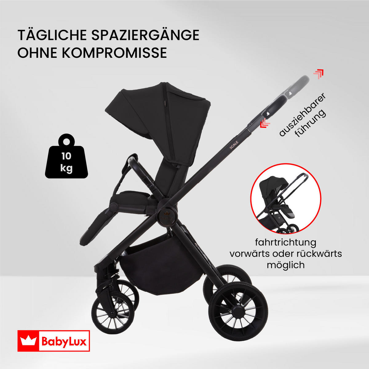 BUGGY Scale, Klein und Leicht, Teleskopische Führung, Kompakt Faltbar, Wickeltasche, Reisetasche - Schwarz, Textil/Metall (58/100cm) - BabyLux