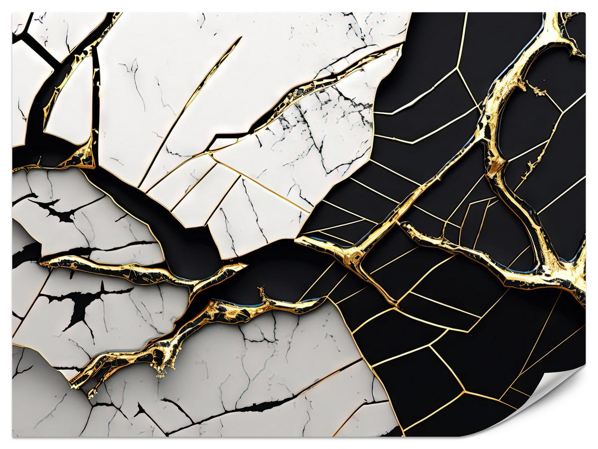 FOTOTAPETER für Badezimmer Abstrakter Marmor Goldene Verzierung 250x175 - Schwarz/Weiß, Papier (250/175cm) - Muralo