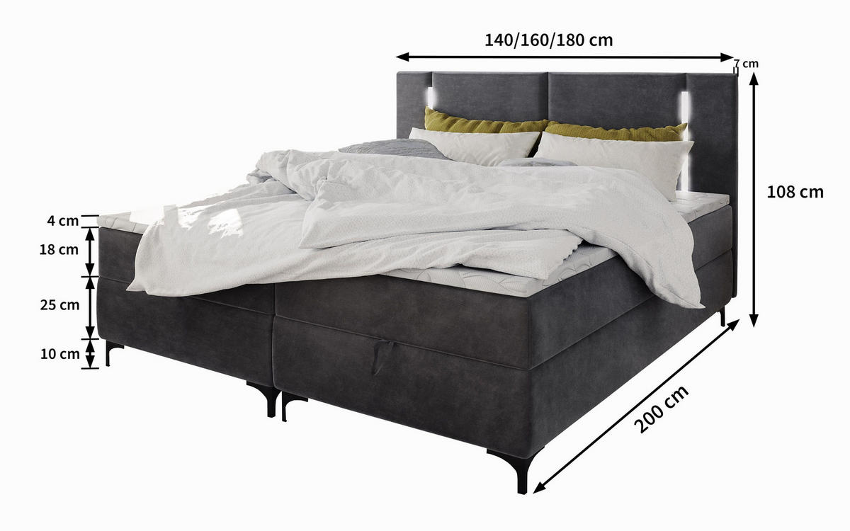 BOXBETT ALBA 160x200 cm mit Matratze und Topper - Schwarz - Schwarz, Holz (160/200cm) - MASSENO