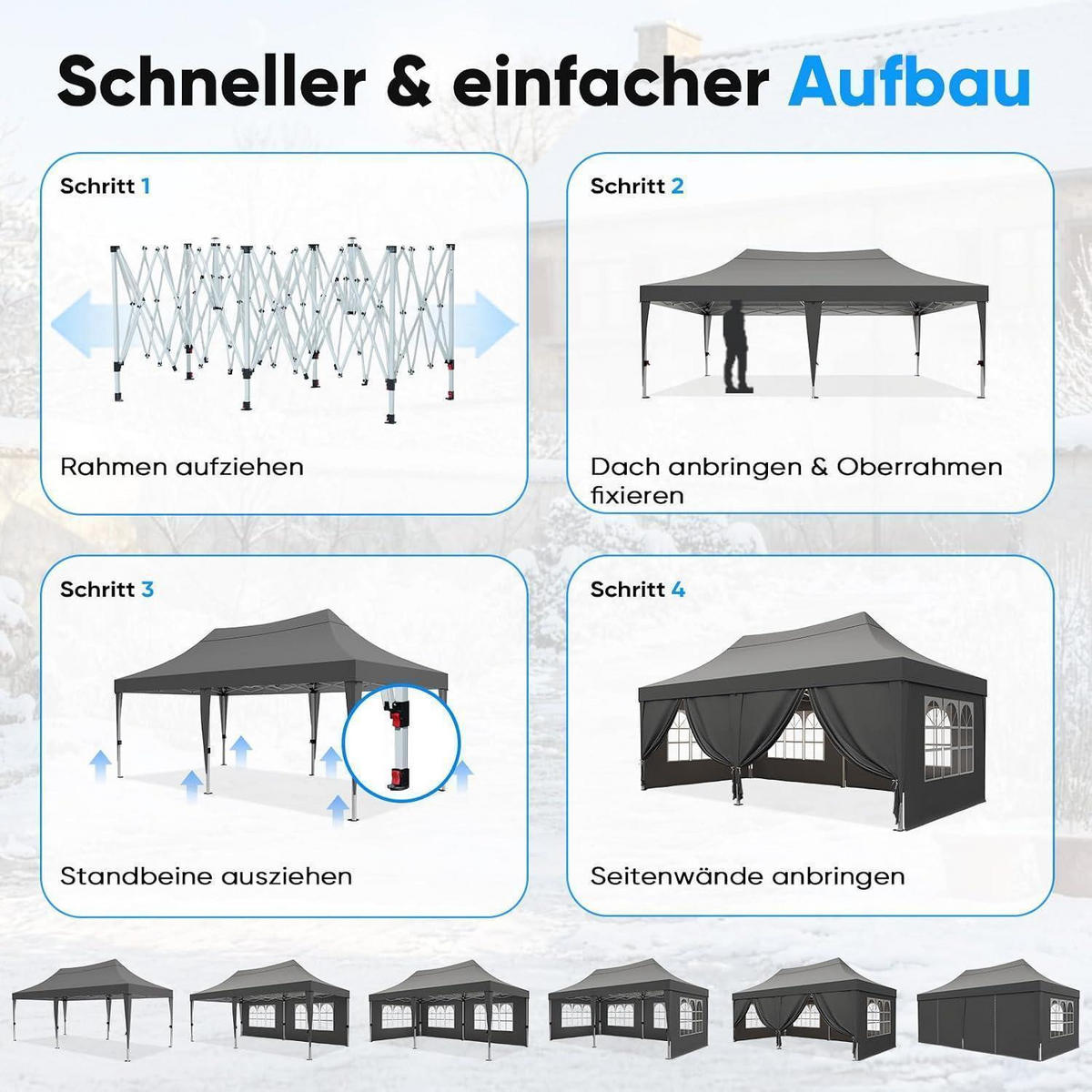 FALTPAVILLON 3x6m wasserdicht mit Seitenwänden und UV-Schutz - Grau, Textil (585/310/293cm)