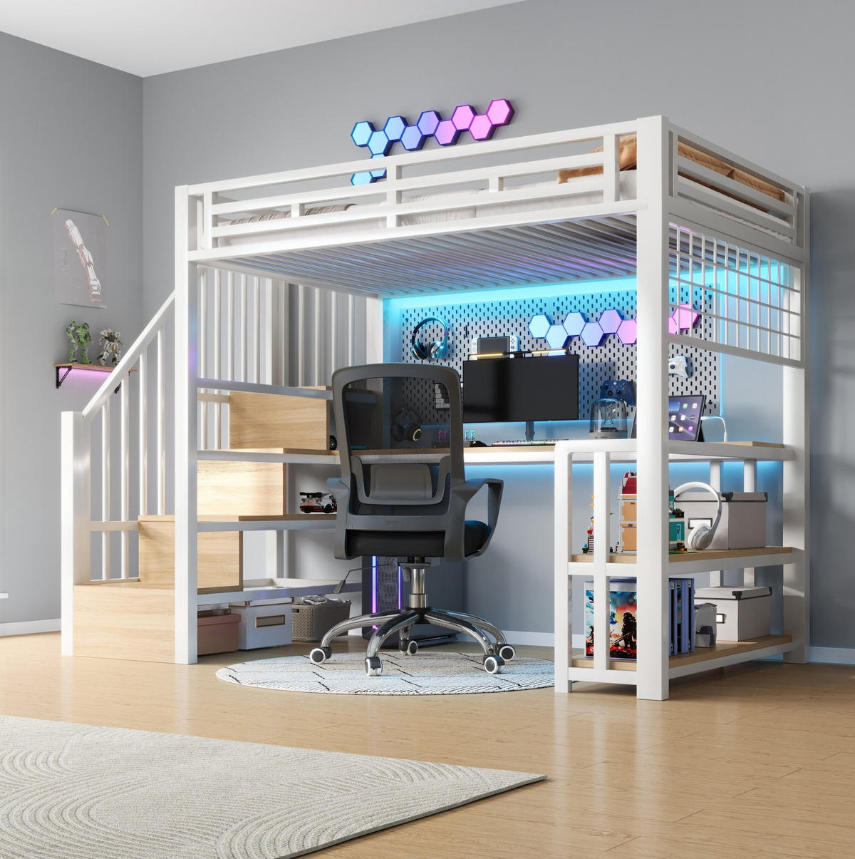 HOCHBETT 90/200 cm in Weiß mit Schreibtisch, Stauraumtreppe und LED - Weiß, Metall (90/200cm) - BEAOK
