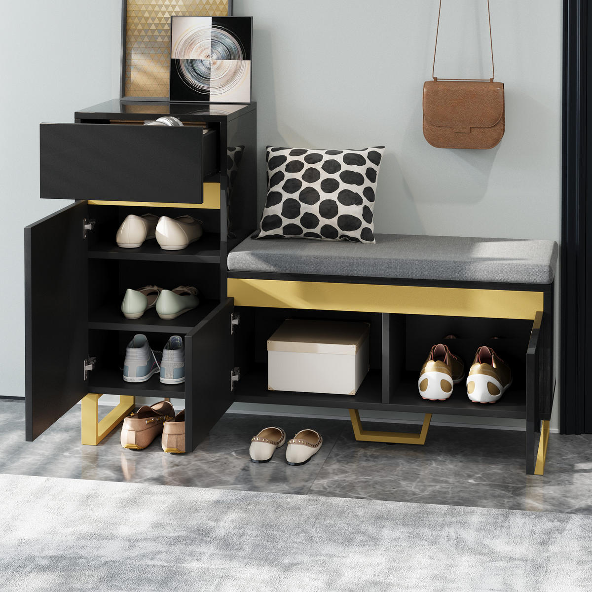 SCHUHSCHRANK Mehrstöckig Stauraum Organizer Schubladen Türen - Schwarz, Holzwerkstoff (35/85/120cm) - FLIEKS