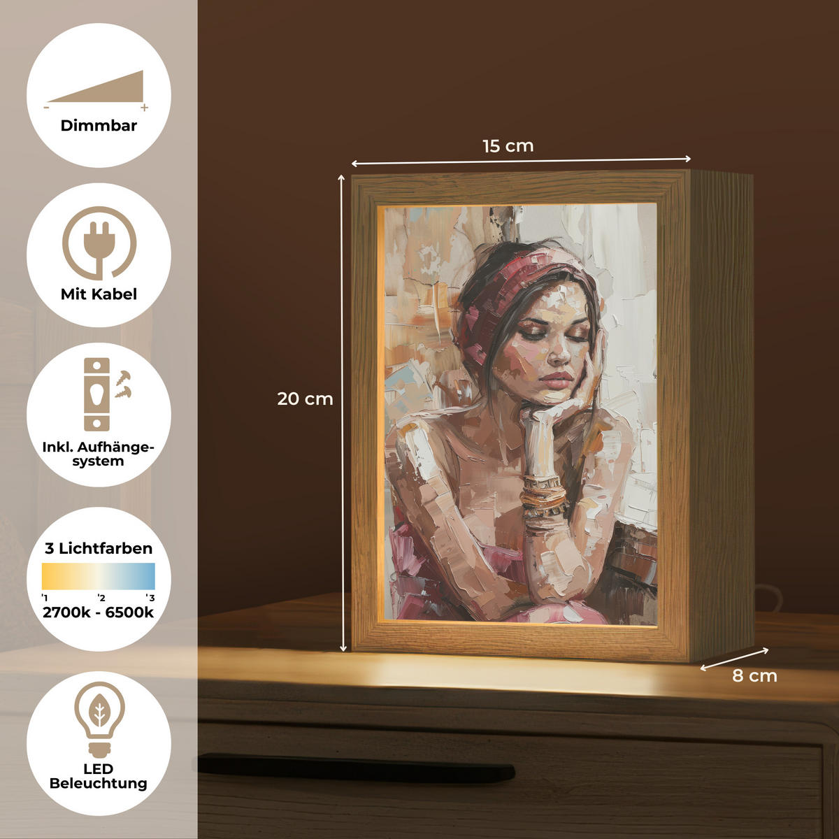 NÁSTĚNNÁ LAMPA Žena - vzhled malby - portrét - moderní 15x20 cm - hnědá, kompozitní dřevo (15/20/8cm) - OnlyWow