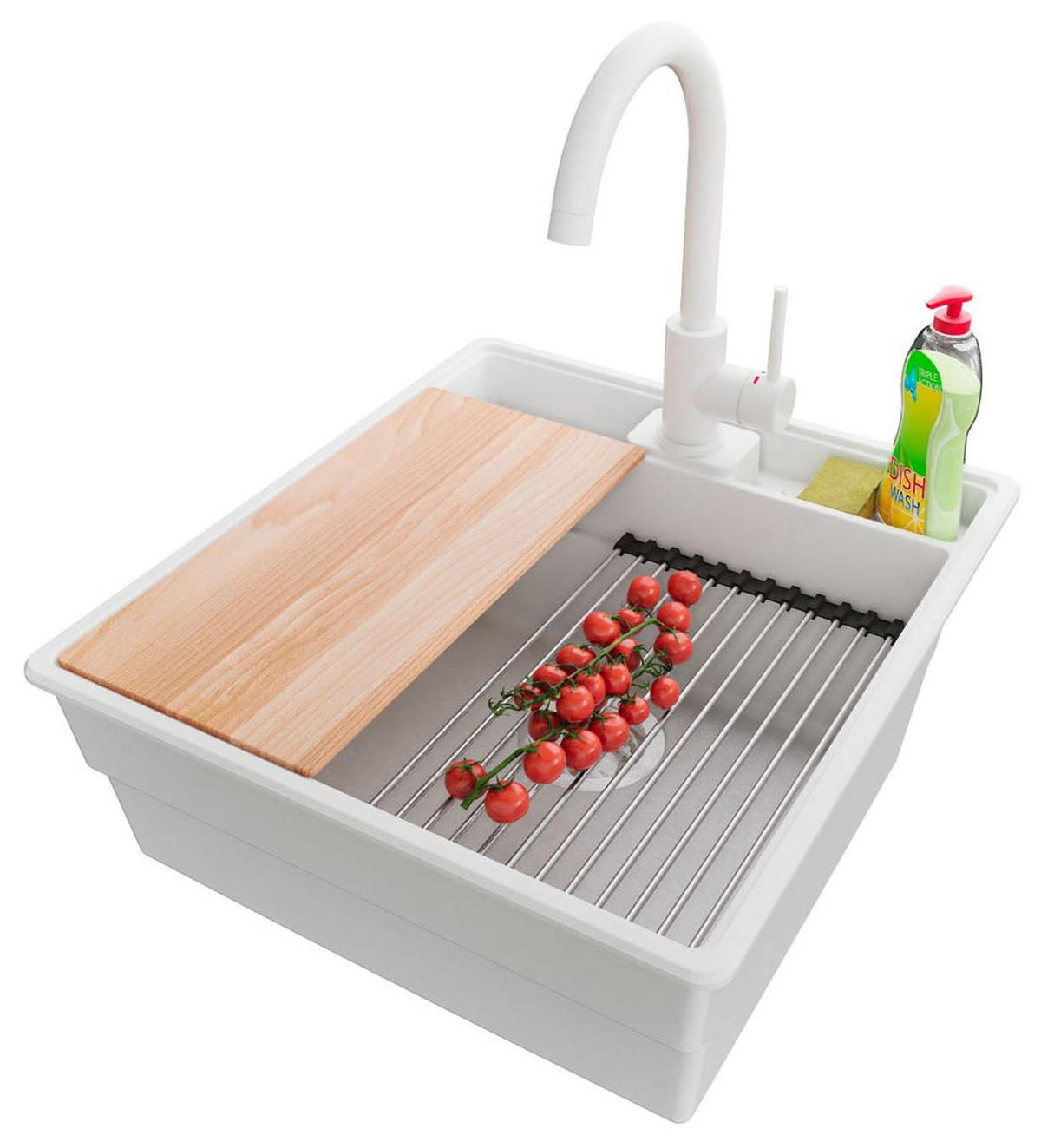 GRANITSPÜLE New York, 2-er set Weiß 48/53 cm 1 Becken + Küchenarmatur 32/20 cm + Ablauf-Set + Küchenzubehörset ab 50er Unterschrank - Chromfarben/Beige, Kunststoff (48/20/53cm) - Primagran