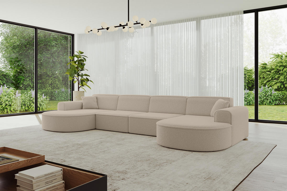WOHNLANDSCHAFT MARI-U2 - 388x171x79 cm Dunkelbeige Bouclé - Hellbraun/Schwarz, Holzwerkstoff/Kunststoff (388/79/171cm) - ALTDECOR