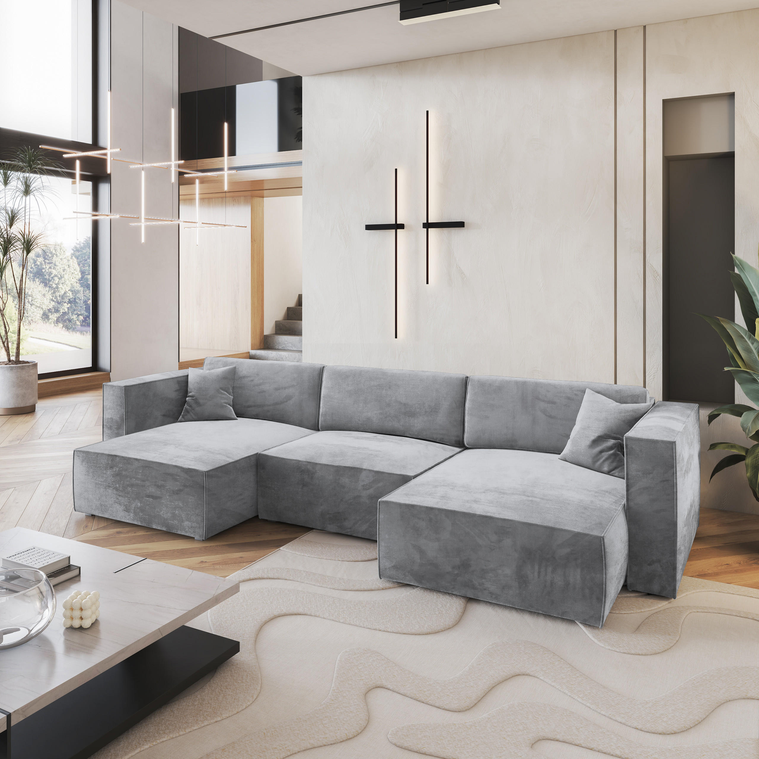 WOHNLANDSCHAFT SARMO M Hellgrau Velours-Stoff mit Schlaffunktion - Hellgrau, Holz (347/70/148cm) - MASSENO