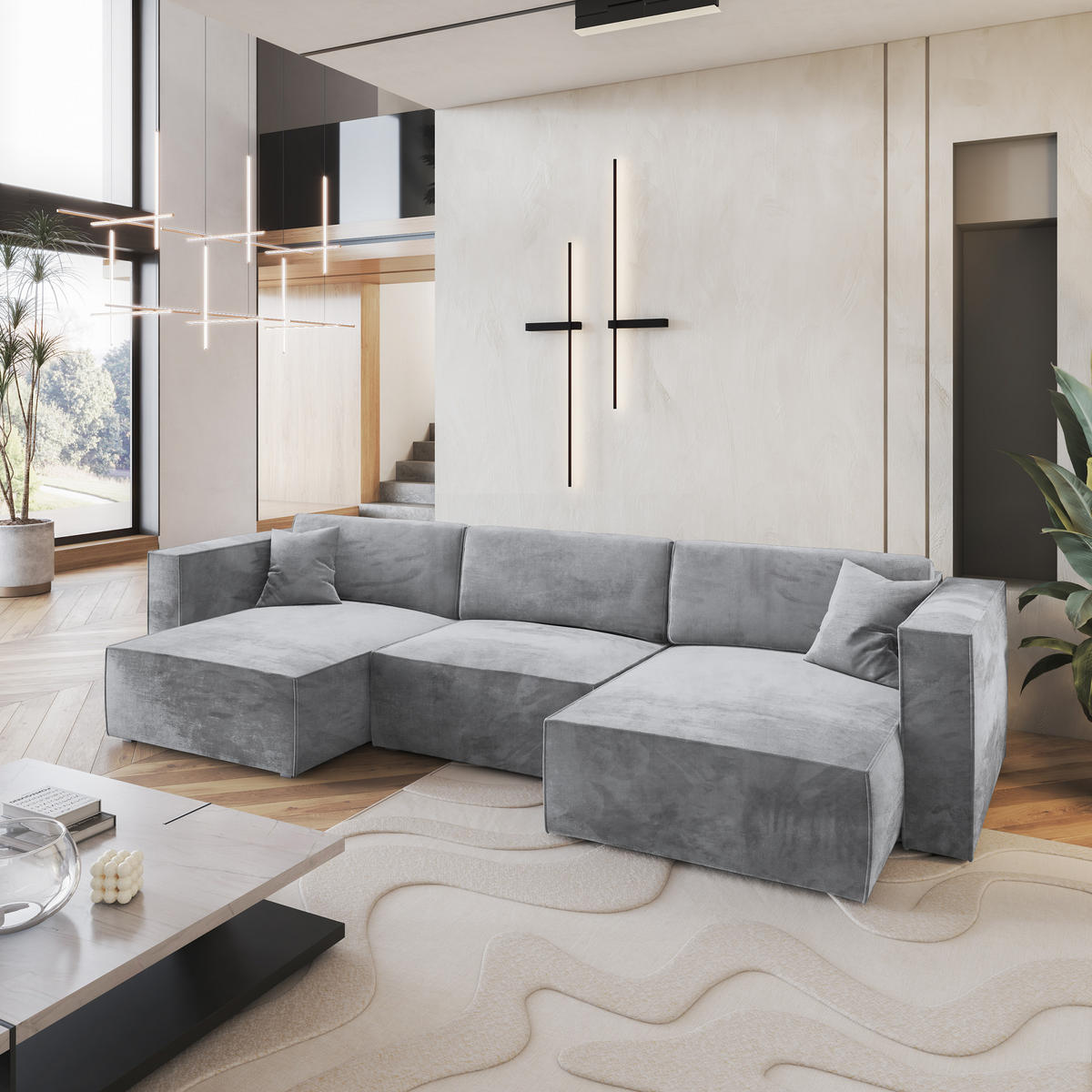 WOHNLANDSCHAFT SARMO M Hellgrau Velours-Stoff mit Schlaffunktion - Hellgrau, Holz (347/70/148cm) - MASSENO