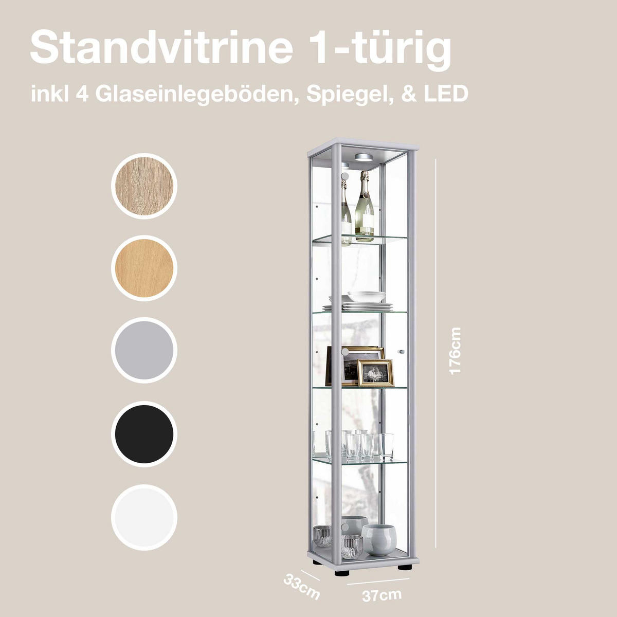 GLASVITRINE 33/37/176 cm mit Spiegel, LED & 4 höhenverstellbaren Glasböden - Transparent/Silberfarben, Glas/Holzwerkstoff (37/176/33cm) - K-Möbel