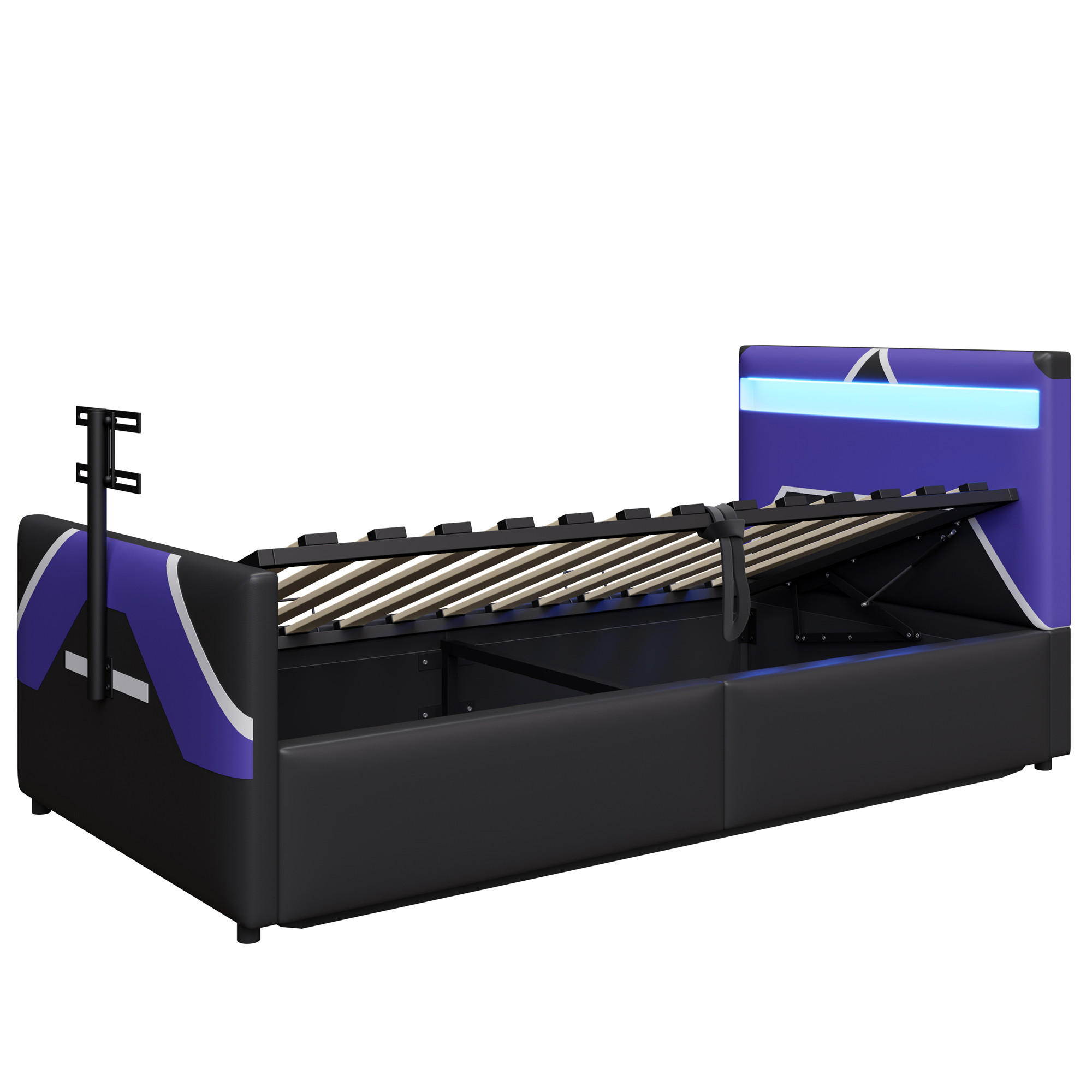 KINDEREINZELBETTEN aus Kunstleder 90x200 cm in Schwarz mit LED & TV-Halterung - Schwarz, Leder (90/200cm) - Modfu