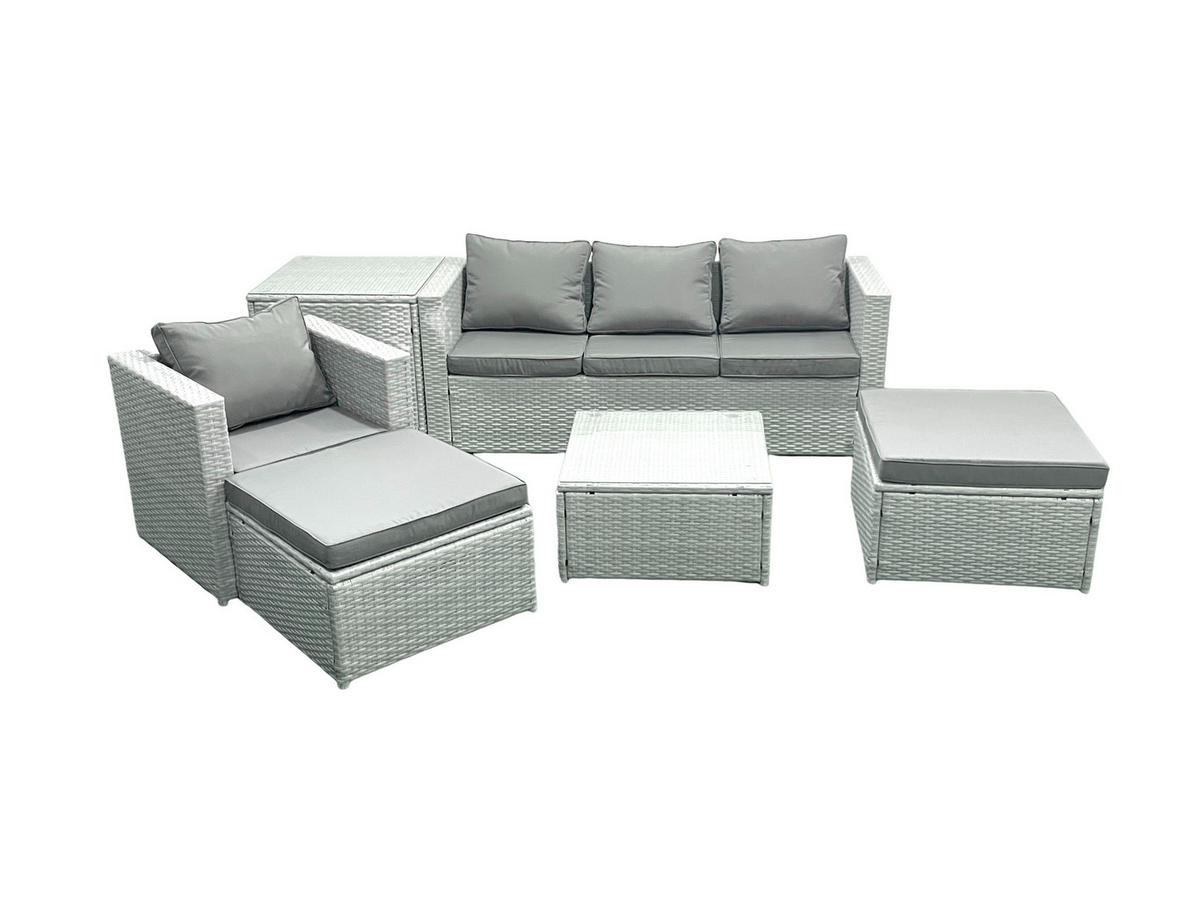 GARTENMÖBELSET mit 3-SITZER SOFA,COUCHTISCH Polyrattan Hellgrau-Mix 6-Sitzer - Hellgrau/Grau, Glas/Kunststoff - Fimous