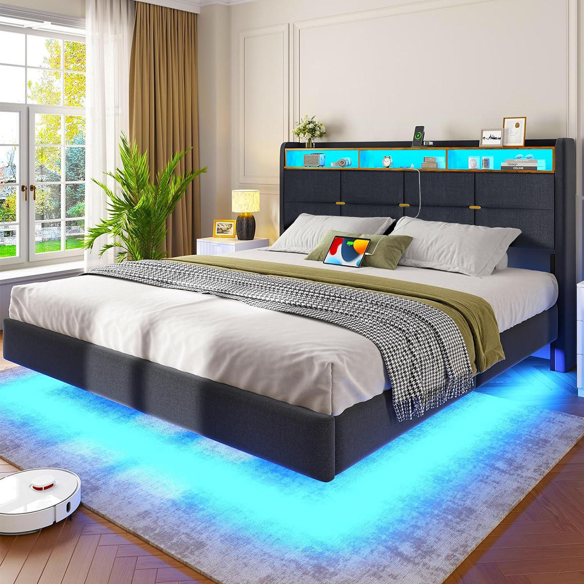 BETT 160x200 cm mit Boxspring, mit LED und USB, Schwebebett für 2 Personen, gepolstertes Kopfteil mit Stauraum, Grau - Grau, Metall