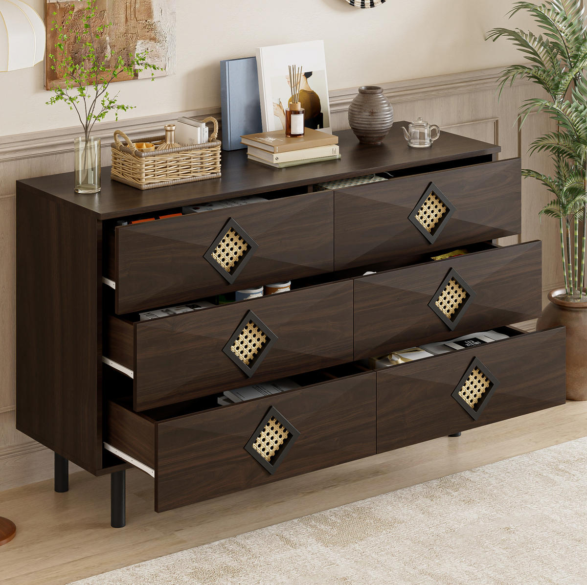 KOMMODE, 6 Schubladen, mit Rattan-Griffen und Metallbeinen – geräumig & modern, 120x40x74 cm, Walnussfarben - Naturfarben, Holzwerkstoff (40/74/120cm) - Modfu