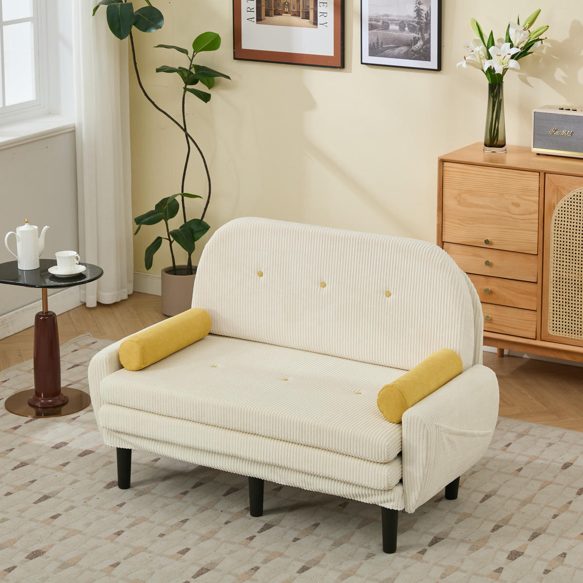 2-SITZER SCHLAFSOFA Cord Elfenbein mit 2 Kissen und Stauraum - Beige, Kunststoff/Textil (133.5/85/77cm) - WISHDOR