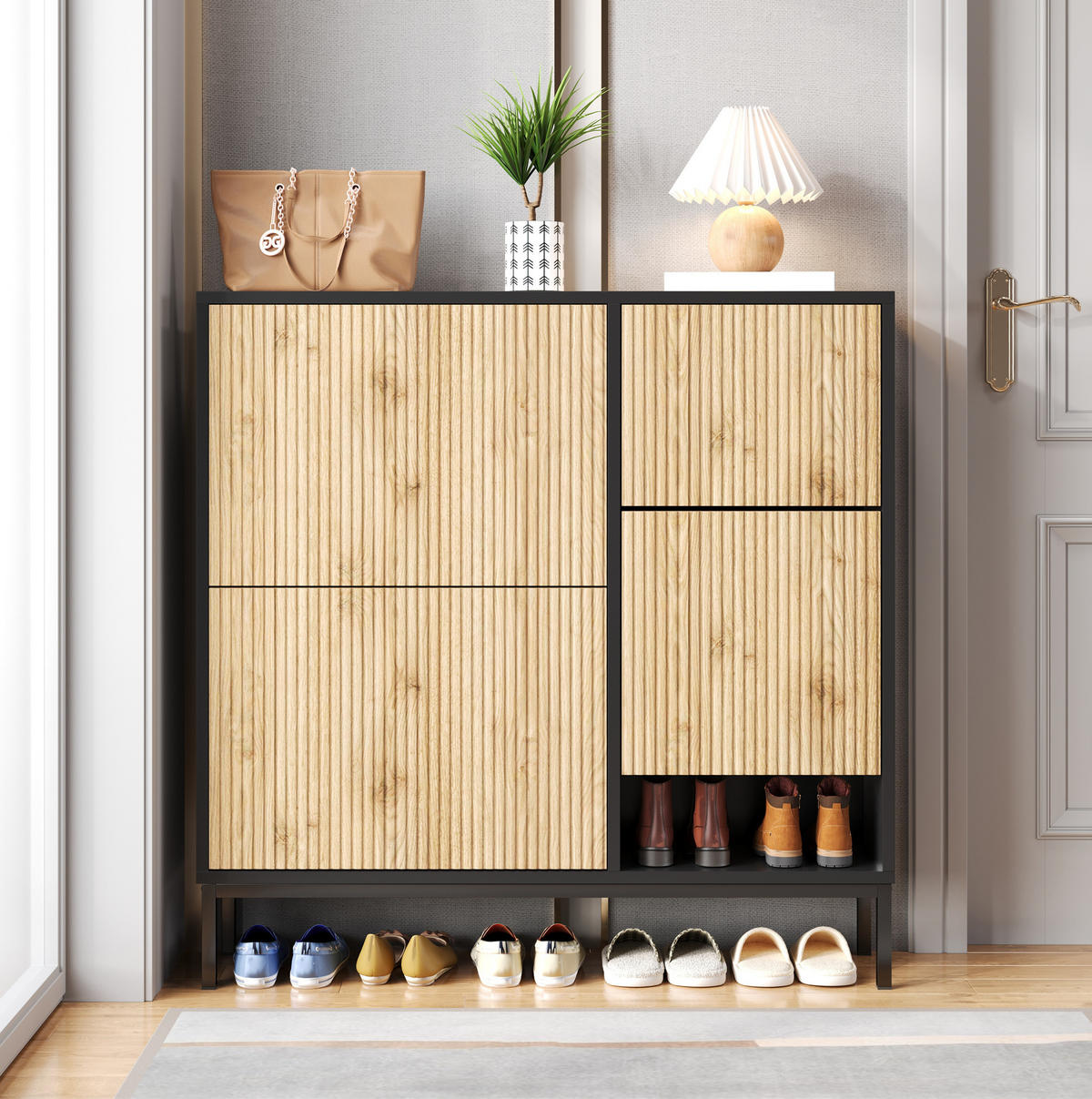 SCHUHSCHRANK 100/25/100 cm schwarz/natur aus MDF mit Sitzbank - Schwarz, Holzwerkstoff (100/100/25cm) - OKWISH
