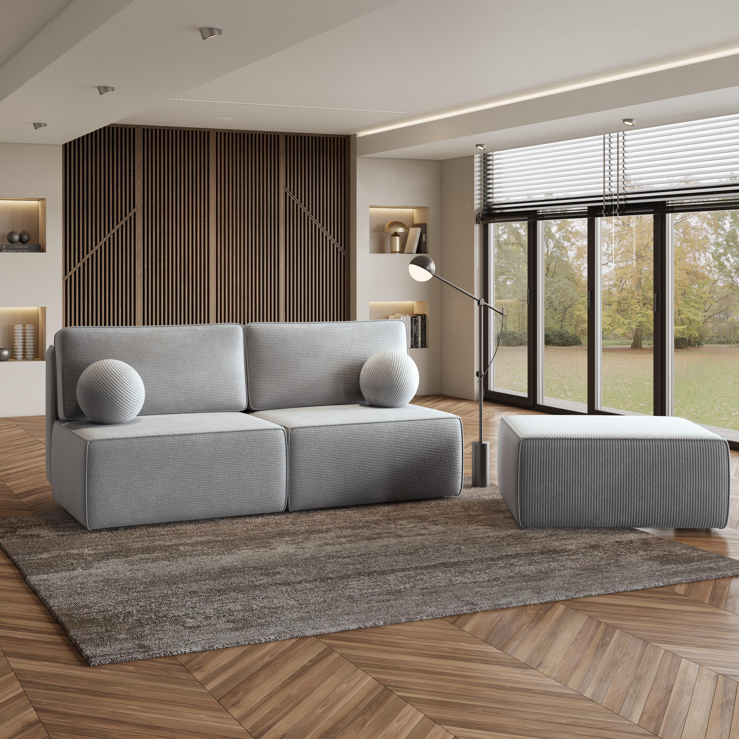 ECKSOFA VARNA P Hellgrau Kordstoff mit Schlaffunktion - Hellgrau, Holz (196/158cm) - MASSENO