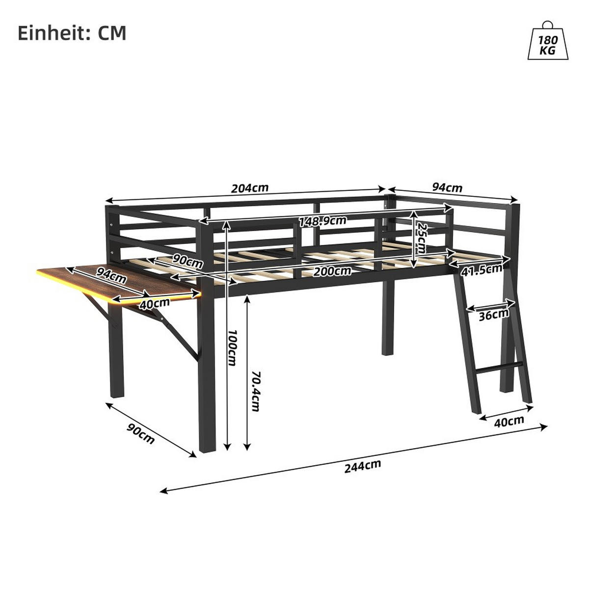 METALLBETT 90 x 200 cm in Schwarz mit LED-Lichtband - Schwarz, Metall (90/200cm) - KOMHTOM