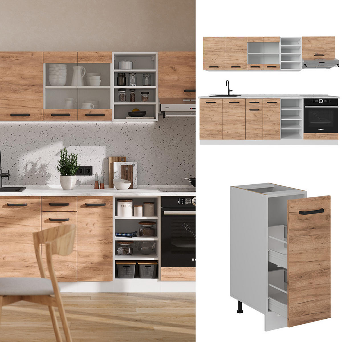 KÜCHENZEILE R-Line Goldkraft Eiche/Weiß 240 cm ohne Arbeitsplatte - Eiche Wotan/Weiß, Holzwerkstoff (240/81.6/46cm) - Vicco