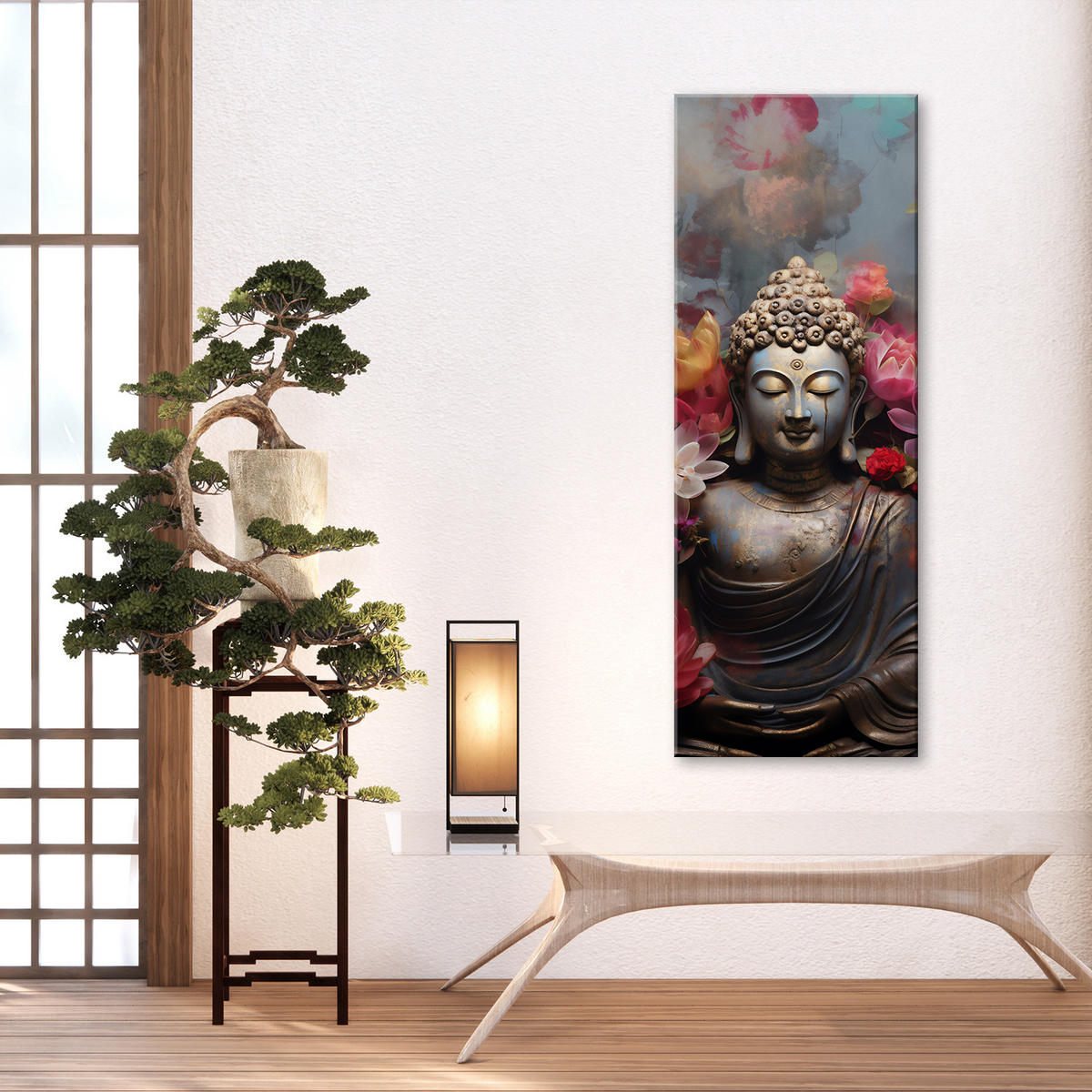 WANDBILD buddha statue mit blumen - Pink, Textil (30/90cm) - Feeby