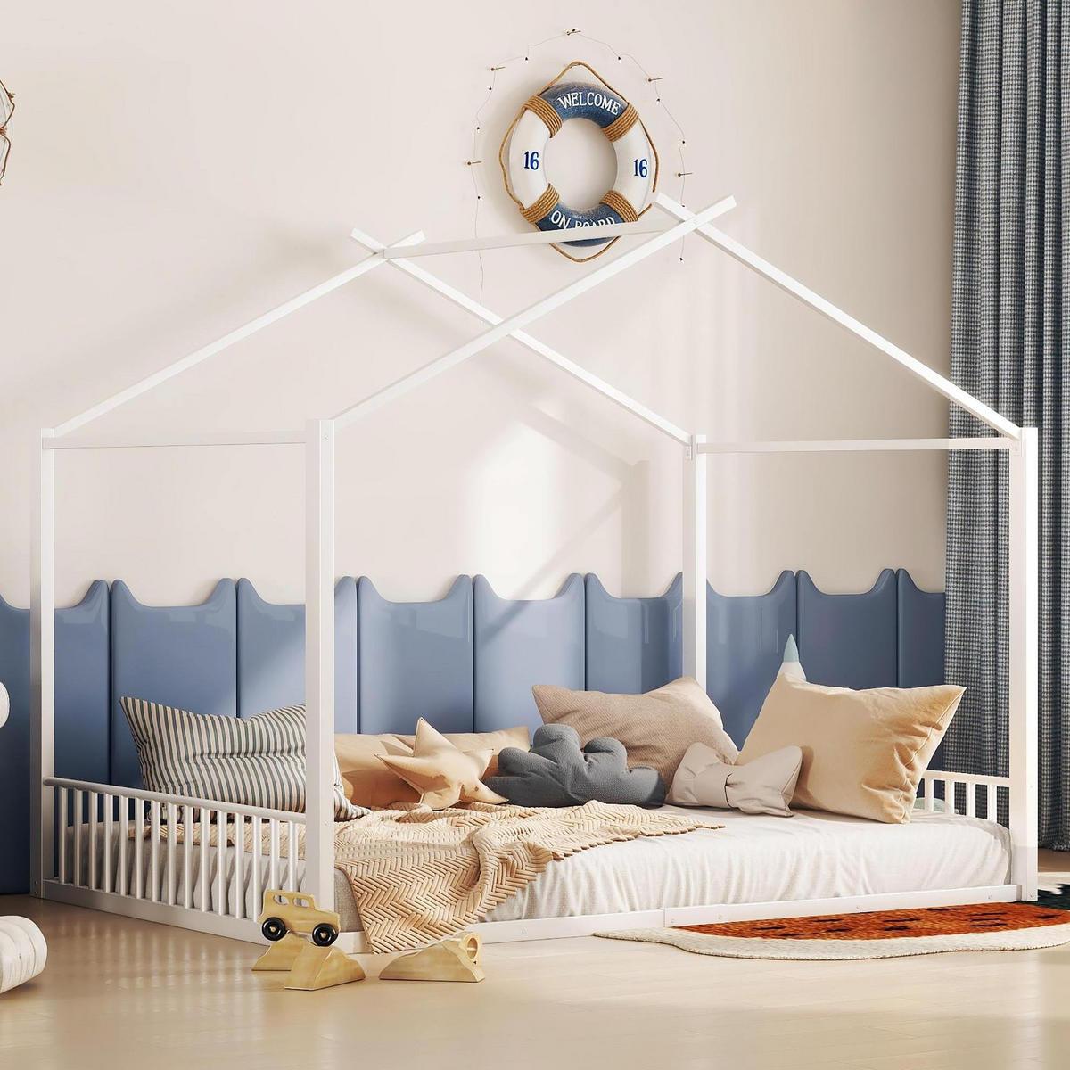 HAUSBETT 140/200 cm aus Metall in Weiß – mit Dachaufbau - Weiß, Metall (140/200cm) - BEAOK