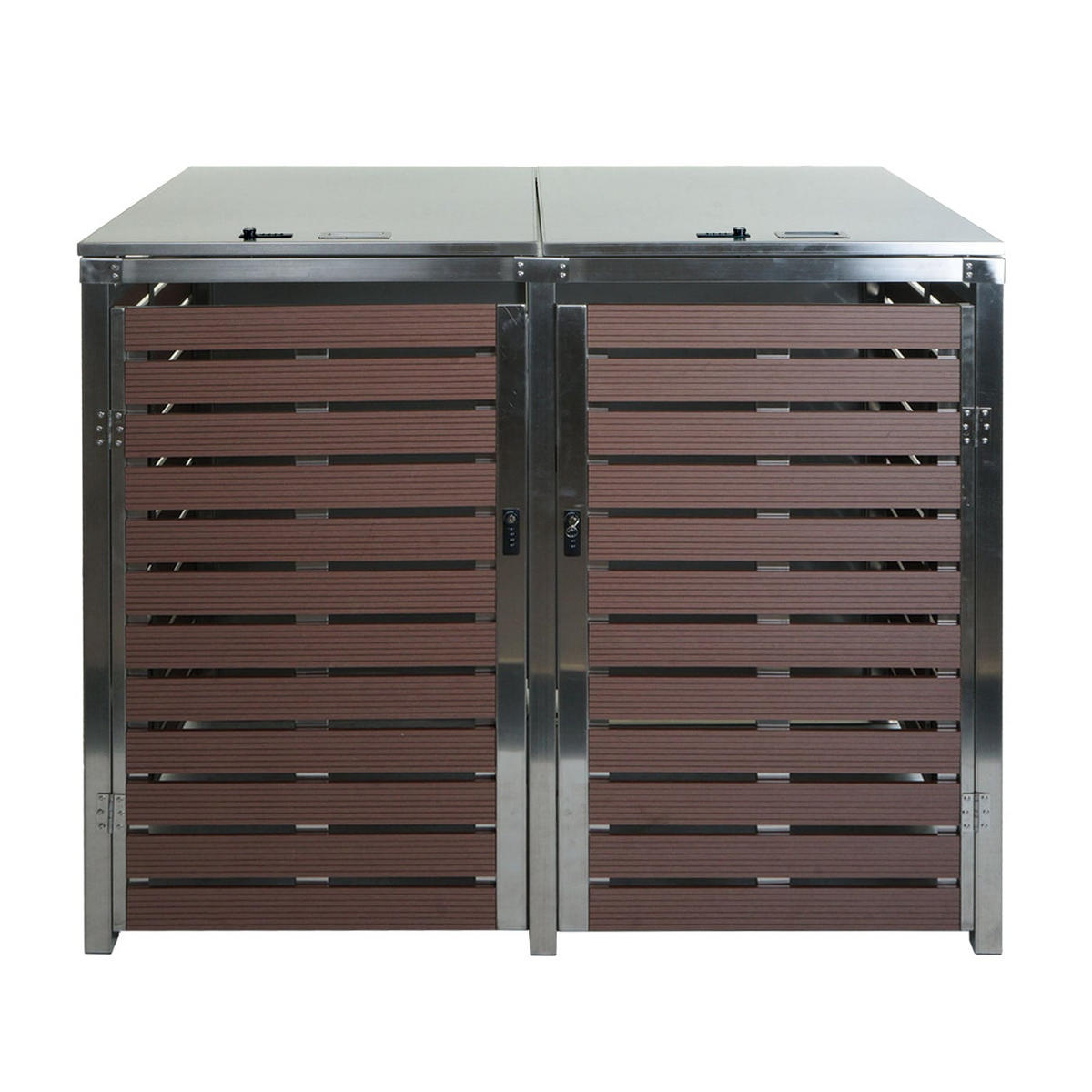 MÜLLTONNENBOX XL 2er/4er HxBxT 117x144x102cm Walnuss-Holzoptik WPC Edelstahl 88kg - Braun, Metall (144/117/102cm) - PROREGAL