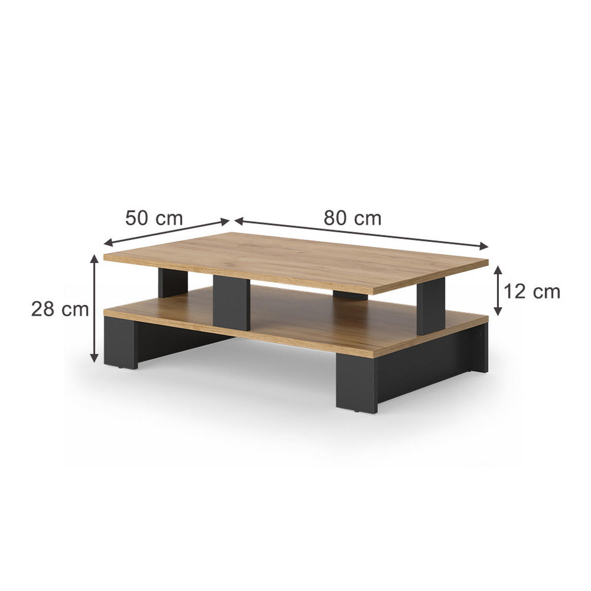 COUCHTISCH Belina Goldkraft Eiche/Anthrazit 80 x 50 cm mit zwei Ebenen - Anthrazit/Eiche Wotan, Holzwerkstoff (50/80/28cm) - Vicco