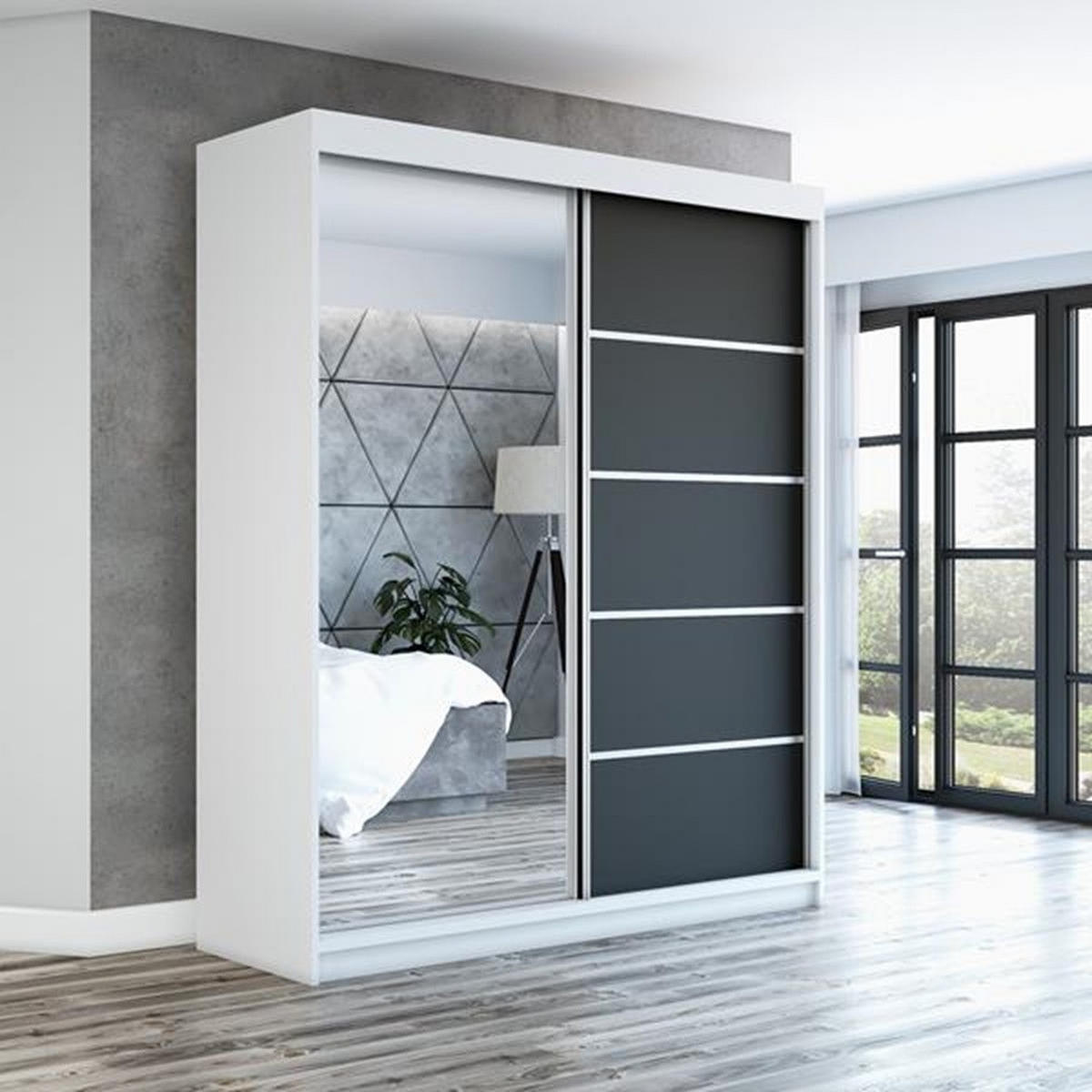 SCHWEBETÜRENSCHRANK 180 CM PIK Farbe: Weiß / schwarz - Schwarz/Weiß, Holzwerkstoff (180/215/59.5cm) - A&J MöbelLand