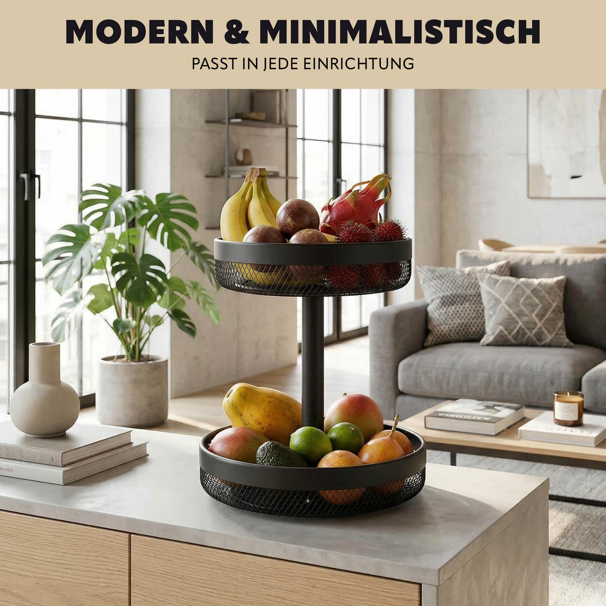 OBSTETAGERE, rund, 2-stöckig, Ø 20 cm und 25 cm, schwarz, Metall - Schwarz, Metall (25/31cm) - eluno