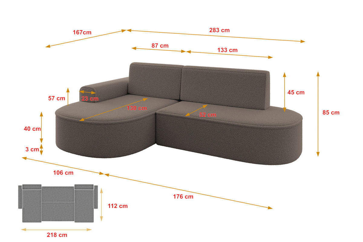 ECKSOFA mit Schlaffunktion und Bettkasten Ottomane Links MARI-L1-S - 283x167x85 cm Dunkelbeige Bouclé - Hellbraun/Schwarz, Holzwerkstoff/Kunststoff (283/167cm) - ALTDECOR