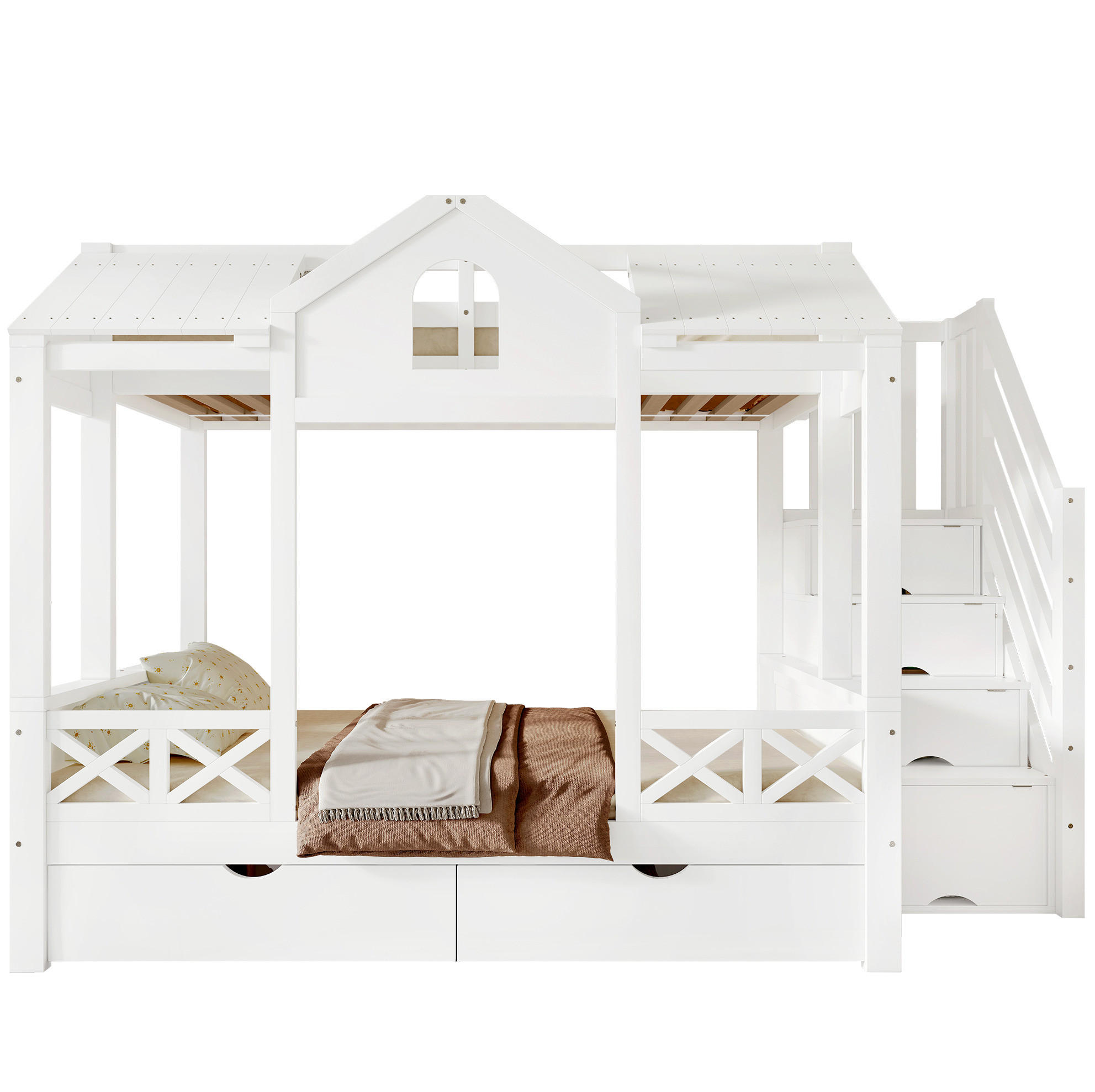 ETAGENBETT 90/200 & 140/200 cm Weiß mit Spielhaus-Design und Stauraum - Weiß, Holzwerkstoff (90/200cm) - Flora Grace