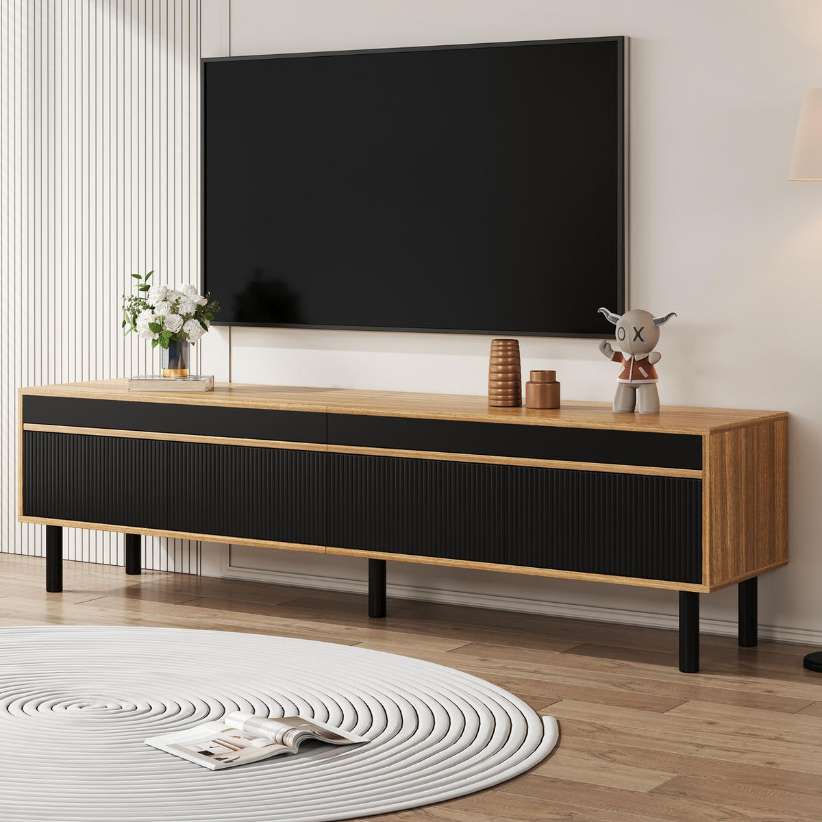 TV-LOWBOARD aus MDF und Spanplatte 170x38x47,7 cm Schwarz/Natur mit 4 Türen - Schwarz, Holzwerkstoff (170/47/38cm) - IVMEU