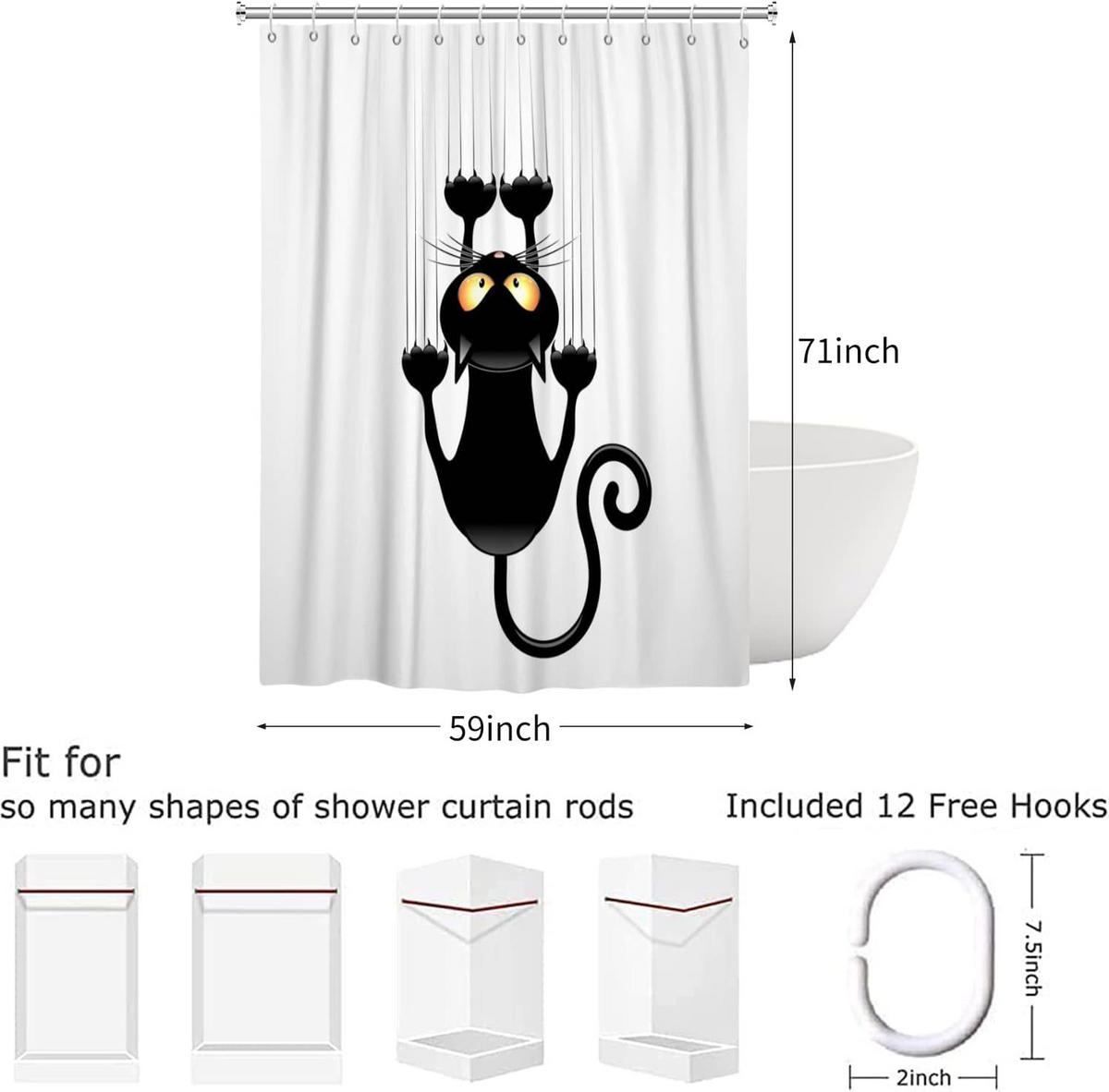 DUSCHVORHANG Katze Schwarz 150 x 180 cm Wand Stoff wasserdicht waschbar - Weiß, Textil (150/180cm) - MCBOSON