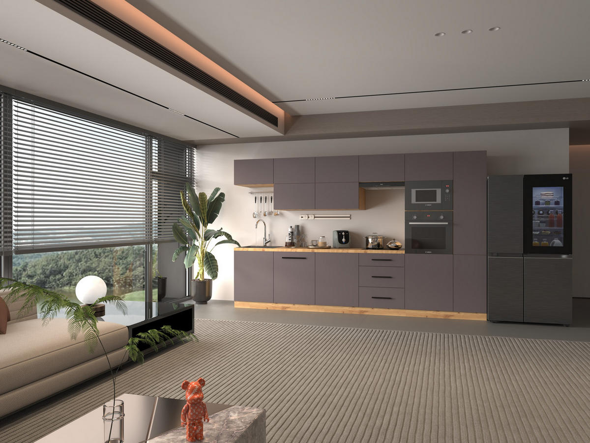 KÜCHENZEILE 340 - Langen KL1-M340 in Grau/Matt - Schwarz/Grau, Holz (340/212/58cm)