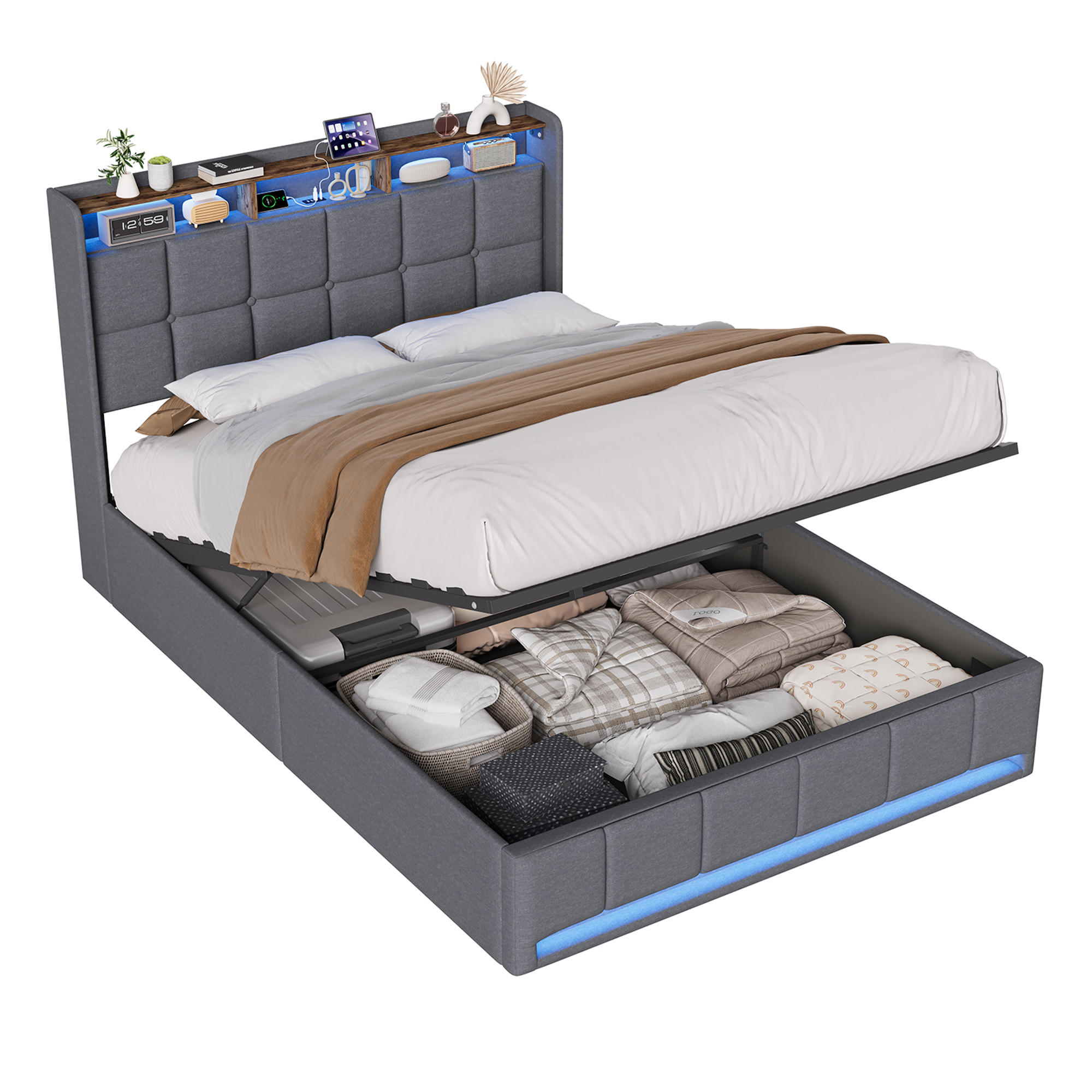 POLSTERBETT 140x190 cm LED USB C Hydraulik Stauraum Metall grau - Grau, Holz (140/190cm) - LEBENLANG