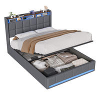 POLSTERBETT 140x190 cm LED USB C Hydraulik Stauraum Metall grau - Grau, Holz (140/190cm) - LEBENLANG