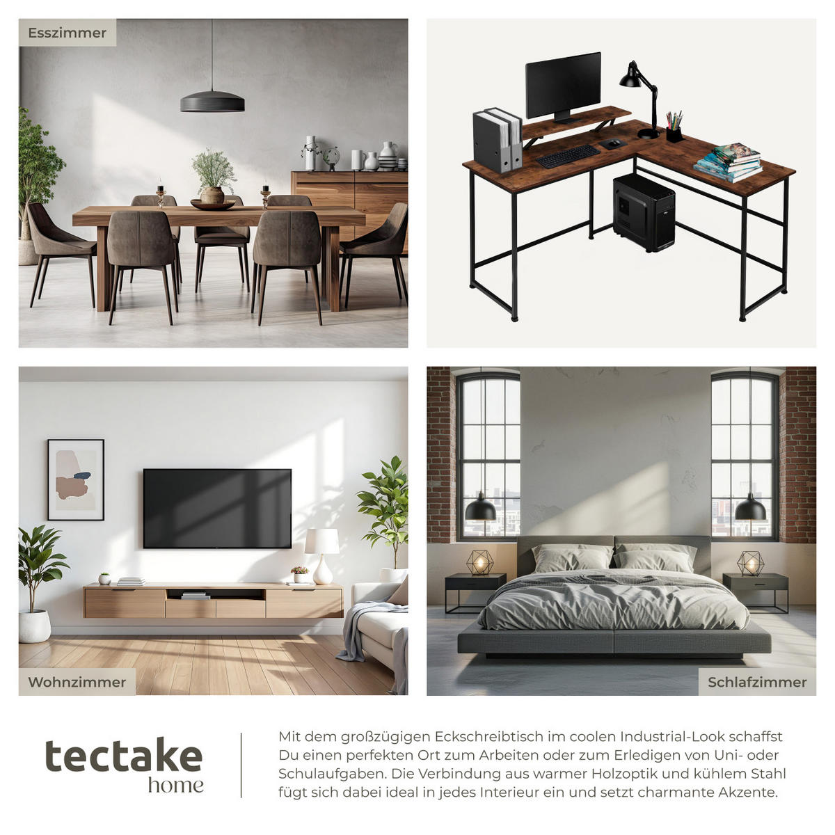 SCHREIBTISCH Melrose,140 x 130 x 76,5 cm,Industrial Holz dunkel, rustikal - Rostfarben, Holz (140/130/76.5cm) - tectake