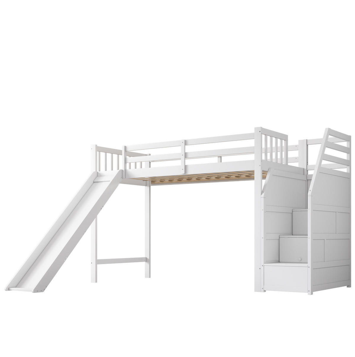 HOCHBETT aus Kiefernholz und MDF 90x200 cm Weiß mit Rutsche und Stauraumtreppe - Weiß, Holzwerkstoff (90/200cm) - IVMEU