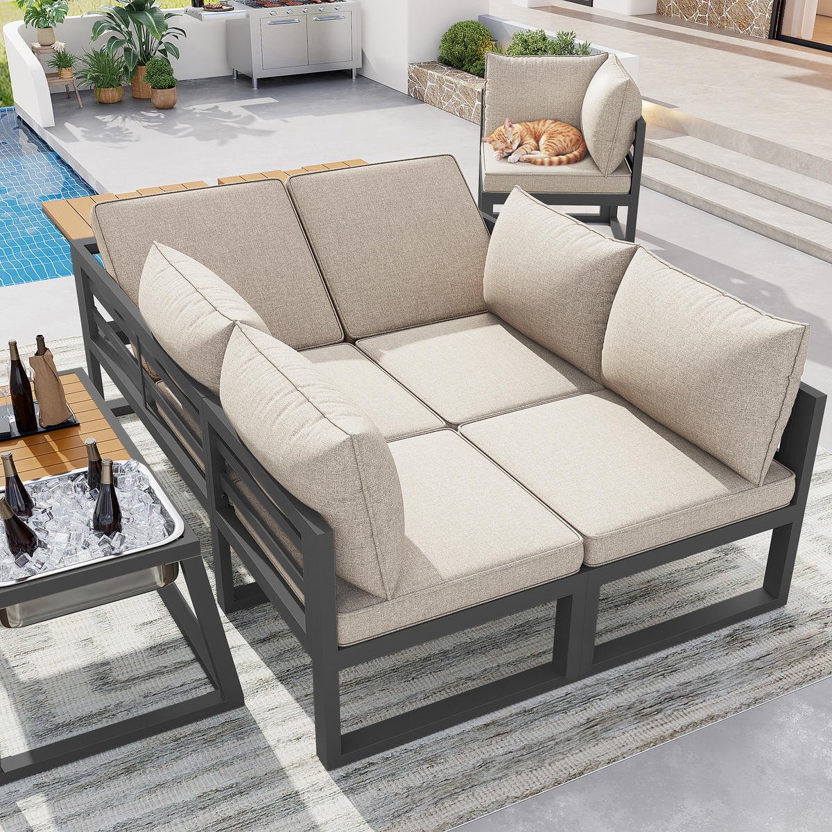 GARTENLOUNGE Grau Beige modular verstellbar Metall Eisbehälter Kissen - Beige, Metall - FLIEKS
