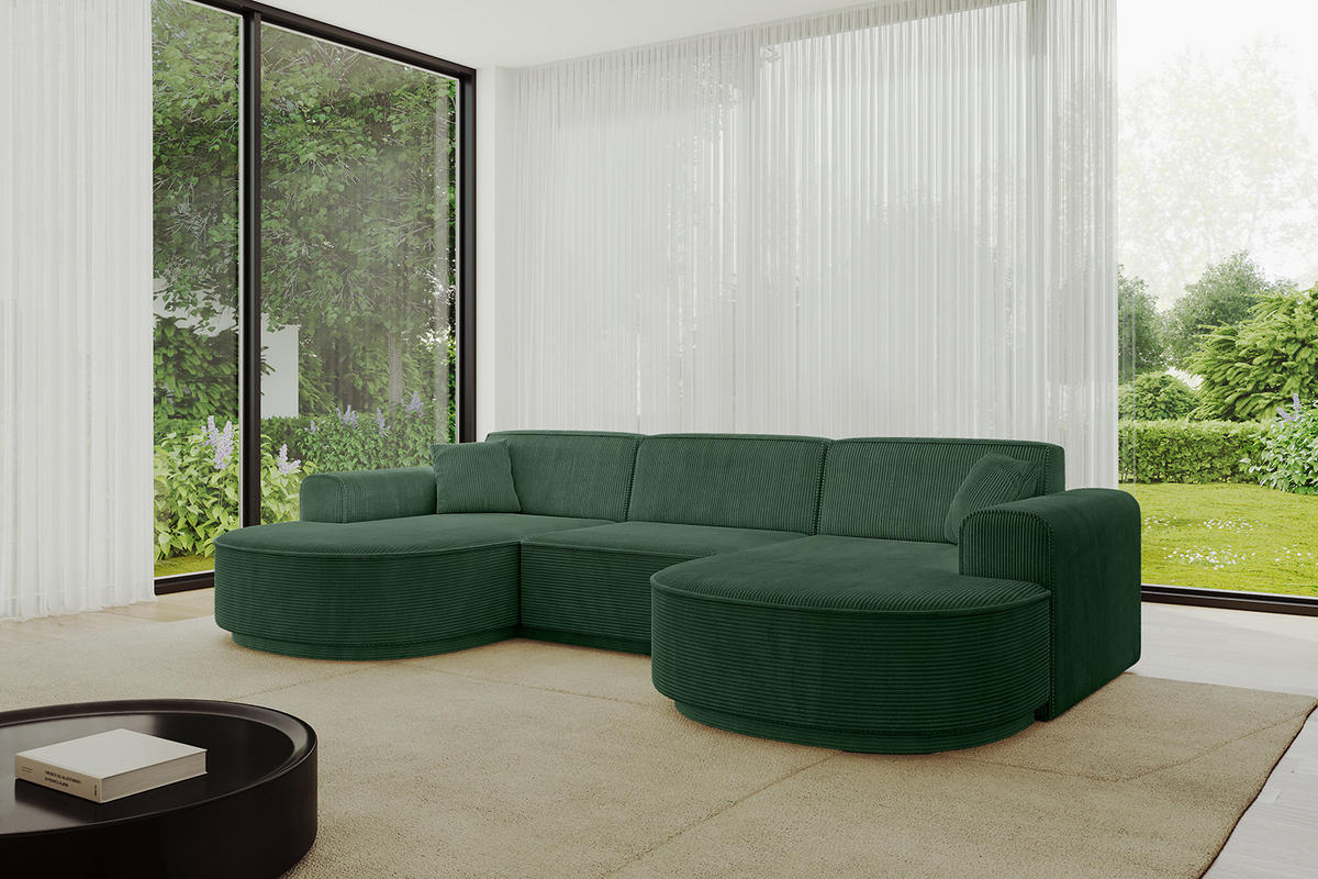 WOHNLANDSCHAFT MARI-U1-v3 - 295x163x81 cm Grün Cord - Schwarz/Grün, Holzwerkstoff/Kunststoff (295/81/163cm) - ALTDECOR