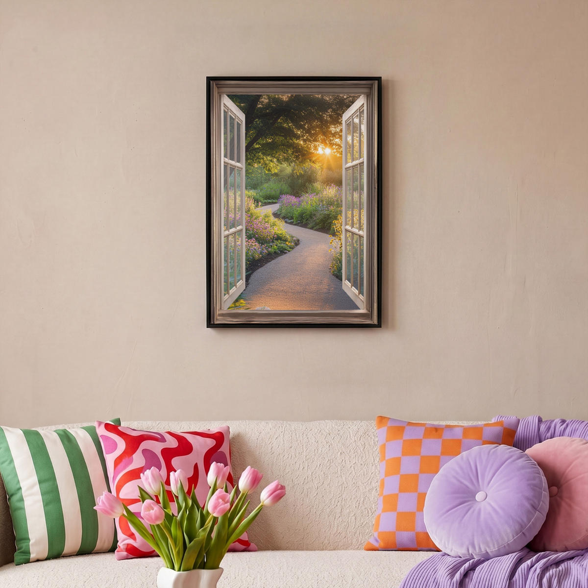 LEINWAND Bilder mit Rahmen - Aussicht - Blumen - Natur - Sonne - Weg - 40x60 - Hellgelb, Textil (40/60cm) - MuchoWow