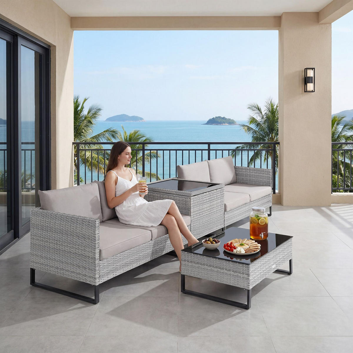 RATTANLOUNGE Ostuni, mit Sicherheitsglasplatte, grau-meliert/grau - Grau, Kunststoff - tectake