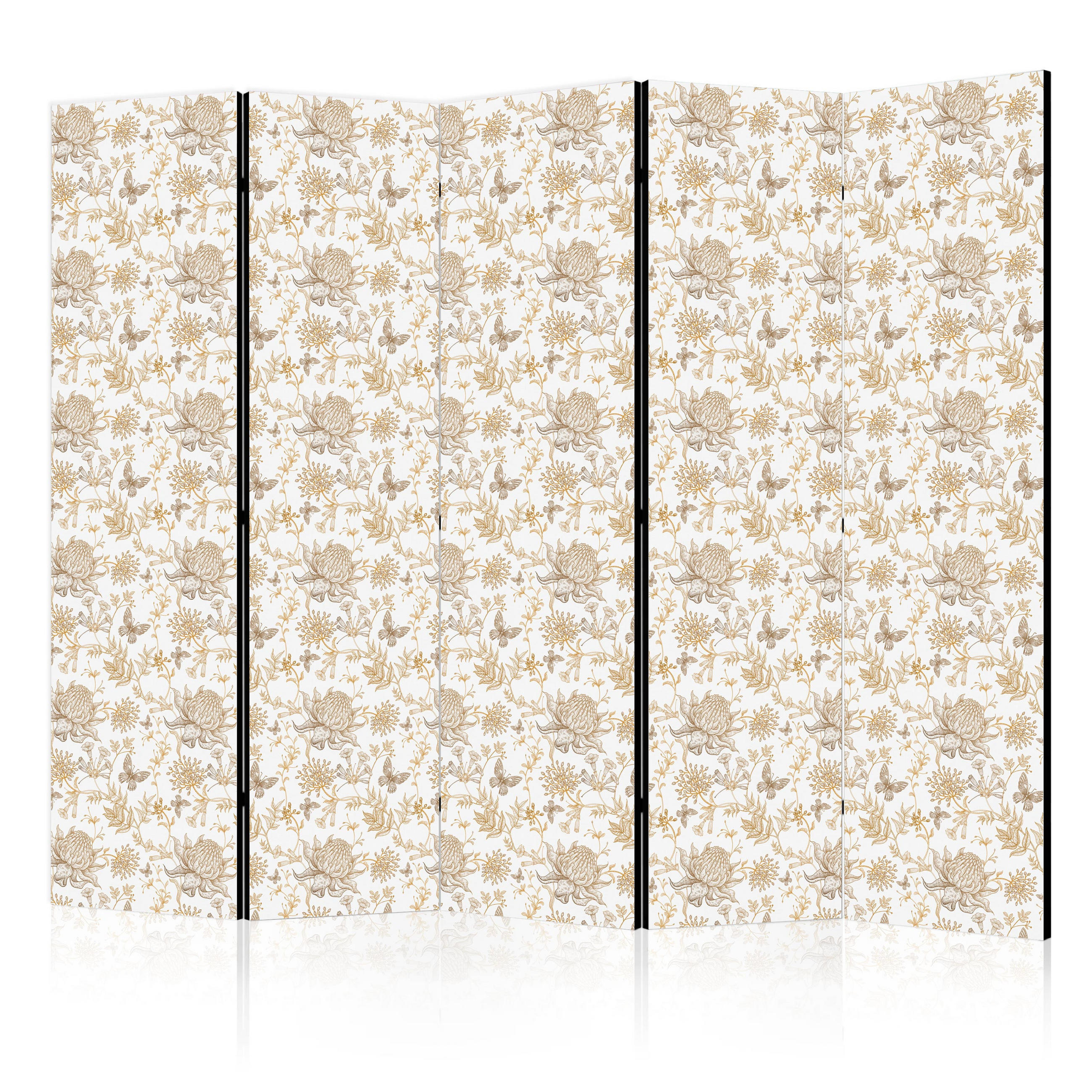 PARAVÁN Obojstranný 5-dielny 225x172 cm Chryzantémy a Motýle - hnedá, drevo/textil (225/172/3cm) - Muralo