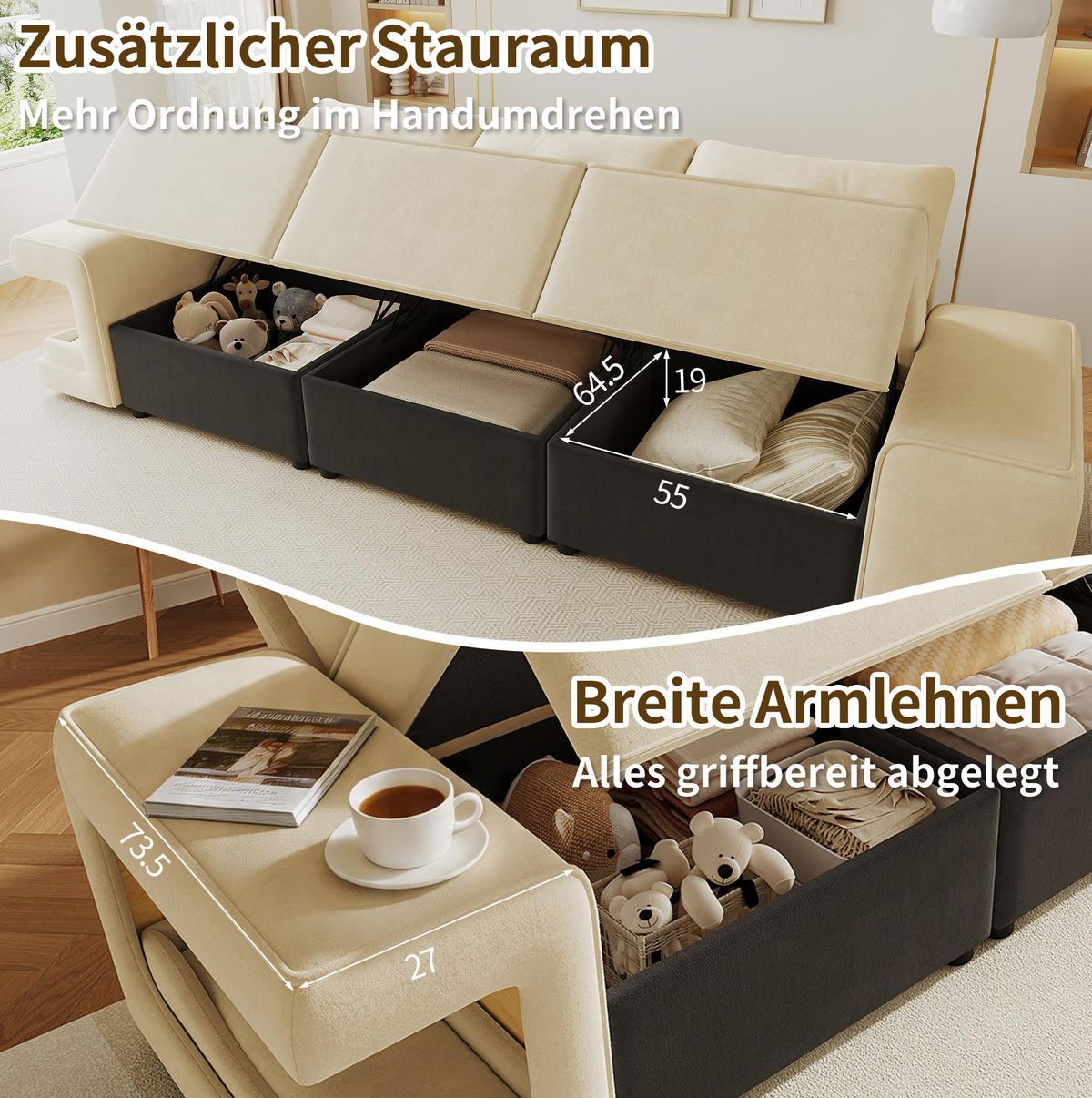 3-SITZER-SOFA aus Samt 229,5x78x84 cm Beige mit Stauraum und integrierten Haustiernischen - Beige, Textil (229.5/84/78cm) - Modfu