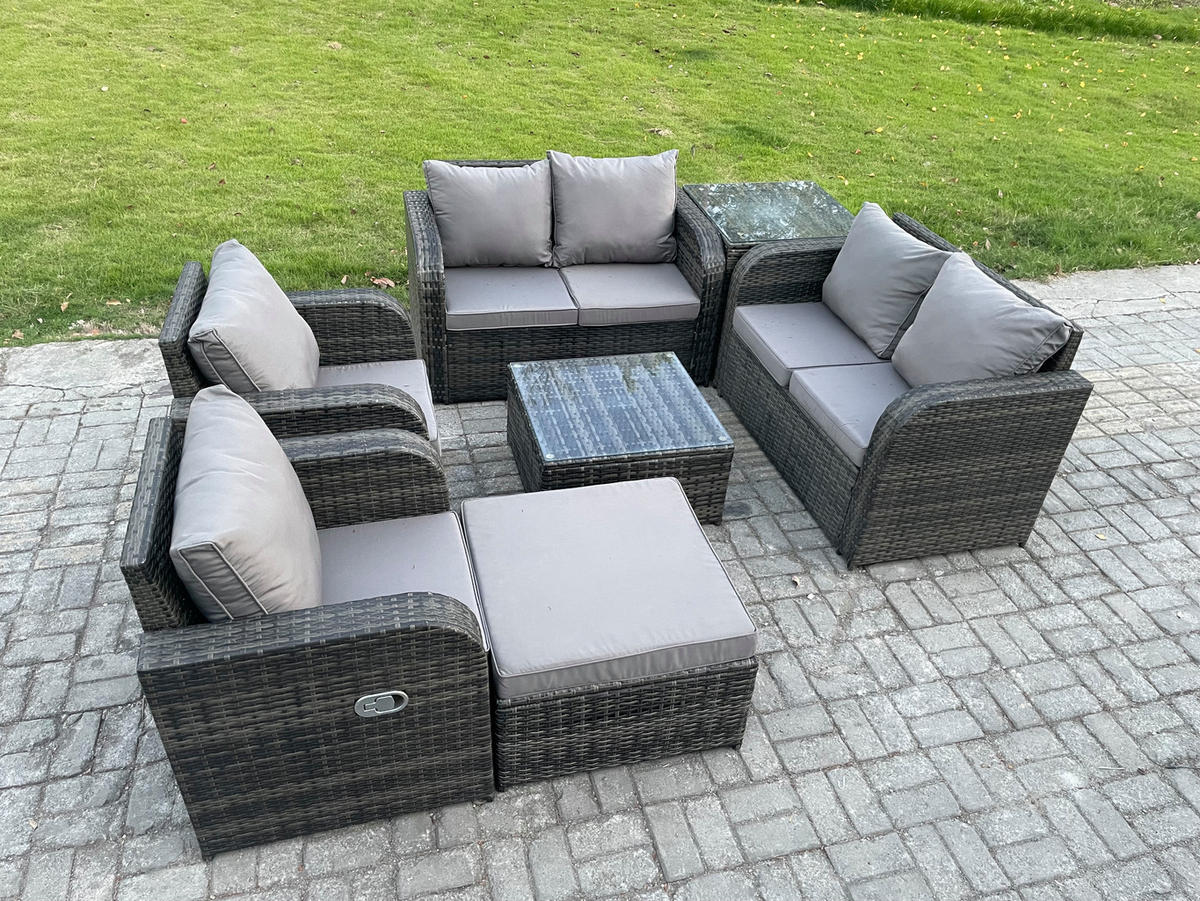 GARTENMÖBELGARNITUR Polyrattan Dunkelgrau 7-Sitzer - Dunkelgrau, Metall - Fimous