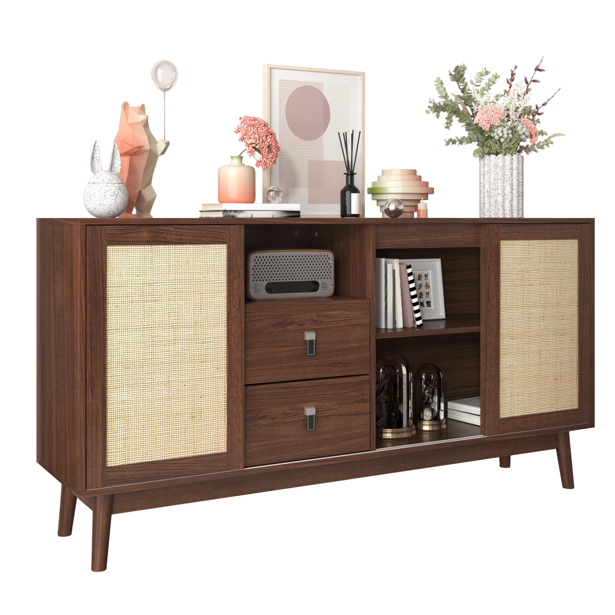 SIDEBOARD 155/38/80 cm in dunklem Holz mit 3 Rattan-Schiebetüren und 2 Schubladen - Nussbaumfarben, Holzwerkstoff (155/80/38cm) - Flora Grace